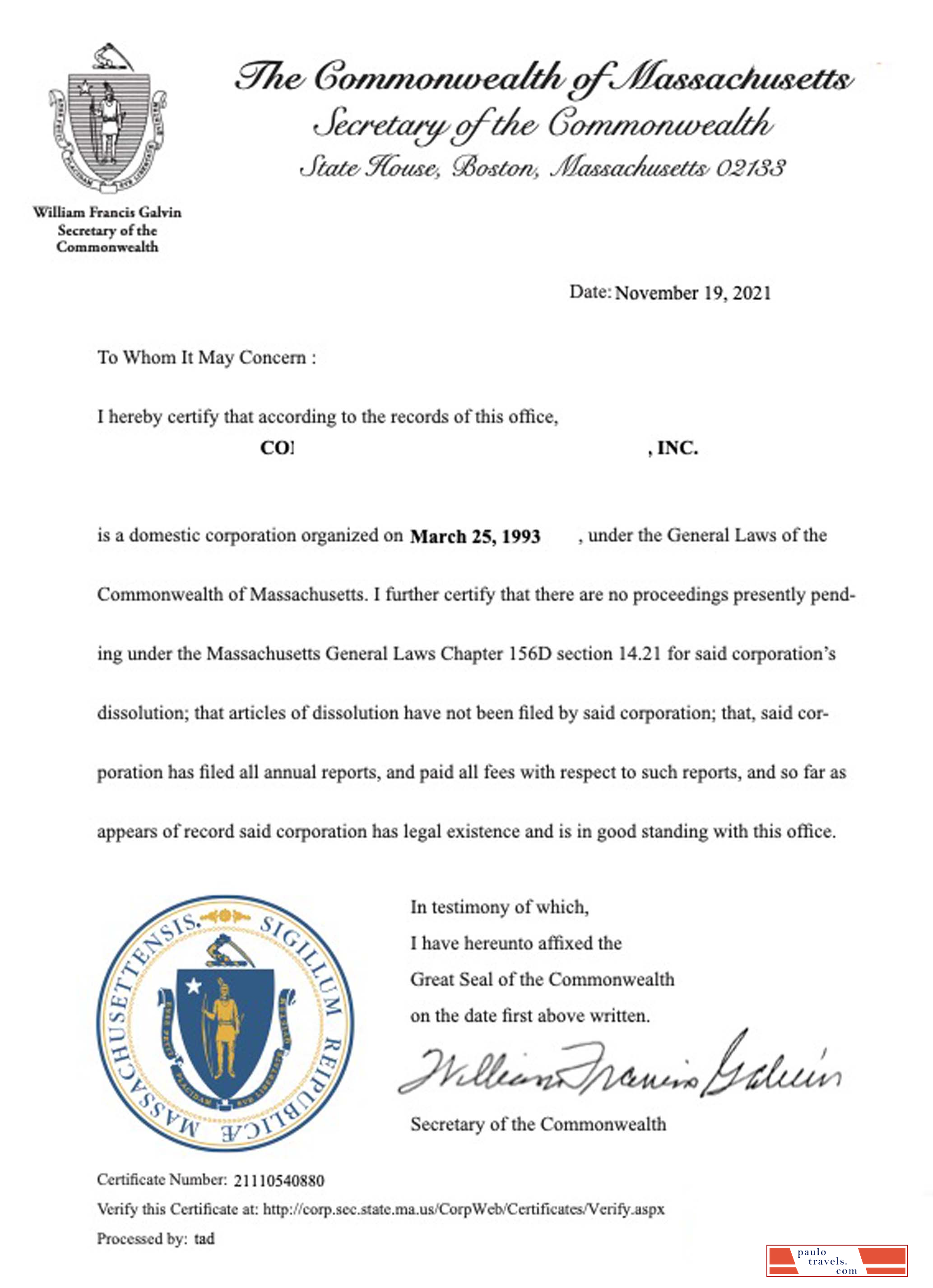 USA Massachusetts certificate of good standing